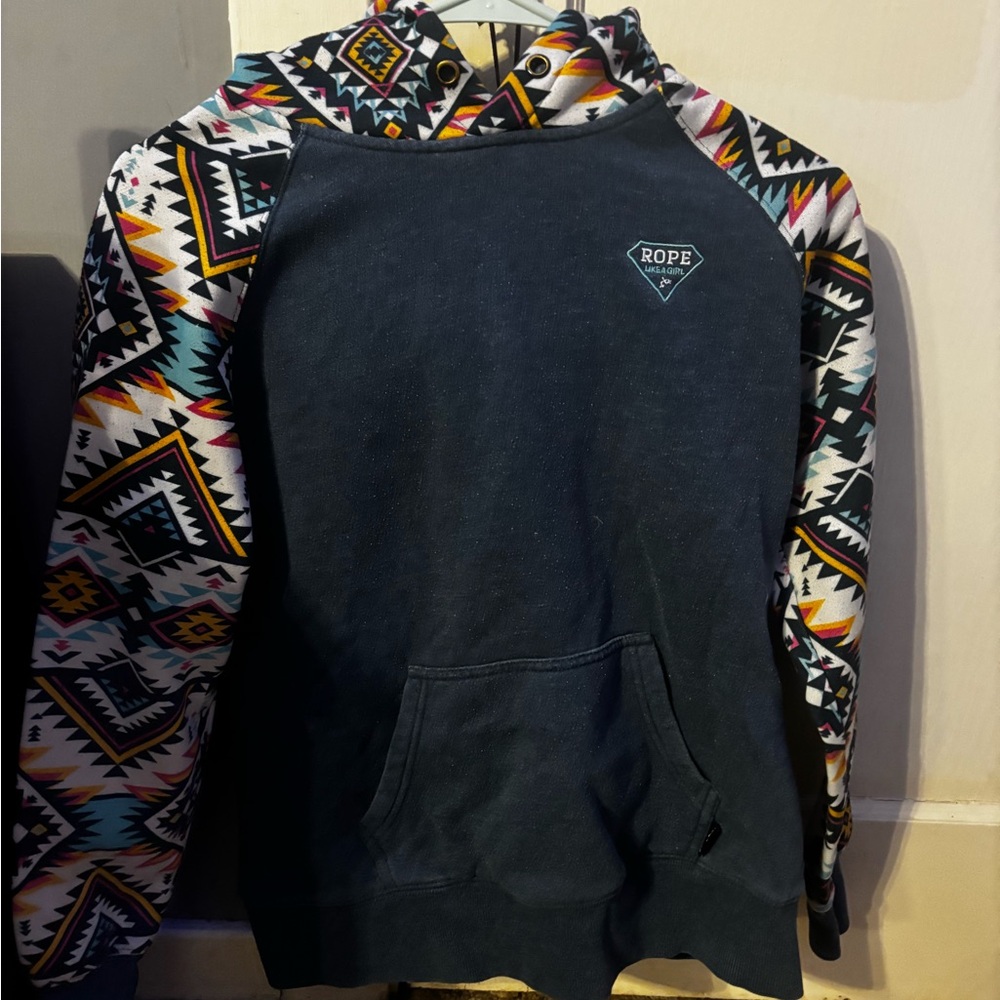 Hooey Women's Aztec Pattern Sweater - Navy blue and Aztec Sleeves